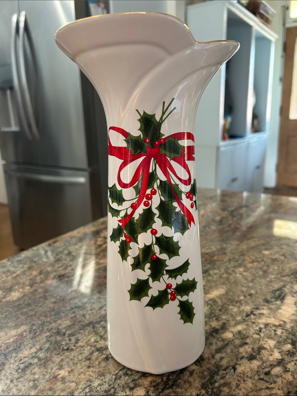 Festive Holly Ceramic Holiday Vase with Red Ribbon